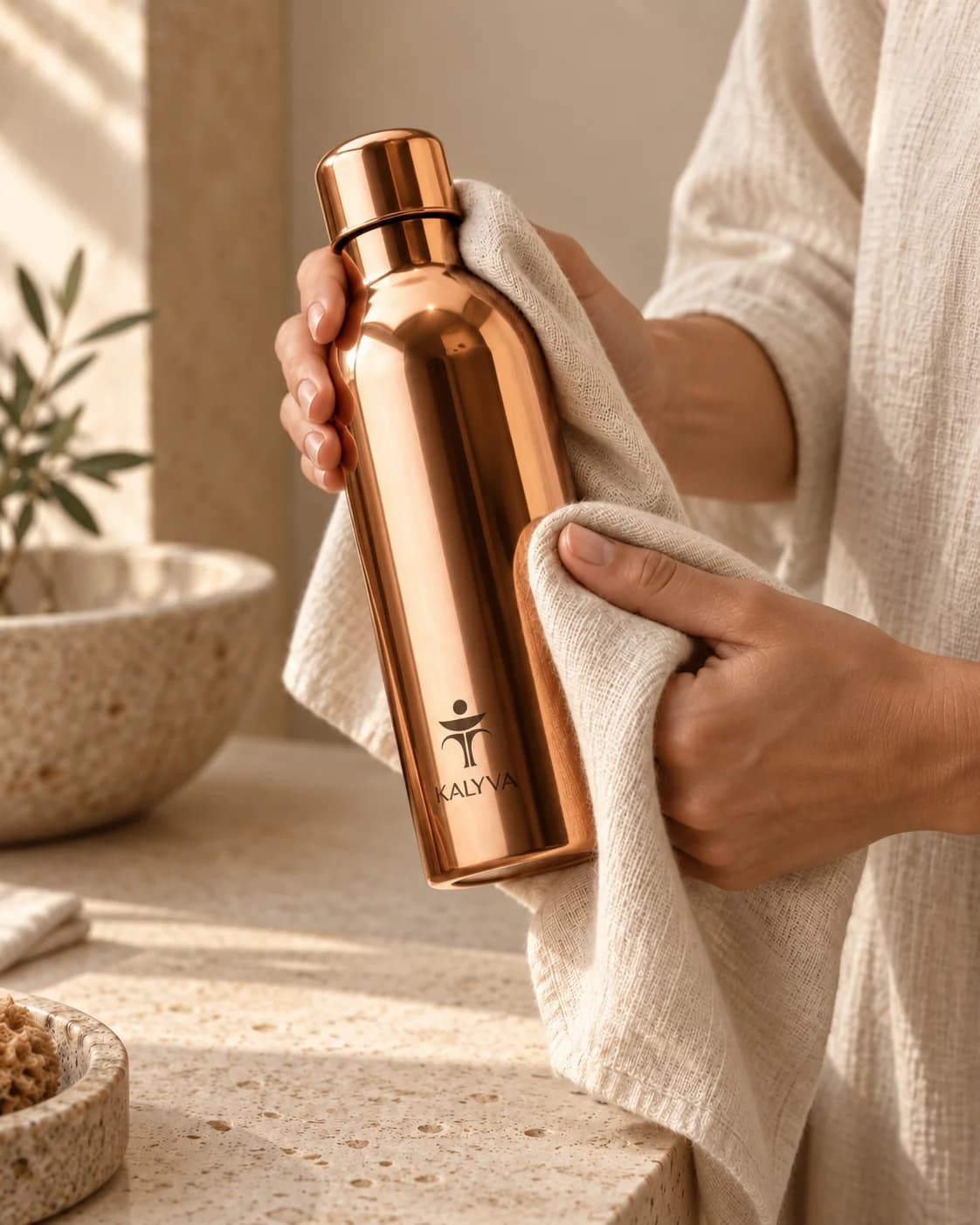Hands drying a KALYVA copper bottle with linen